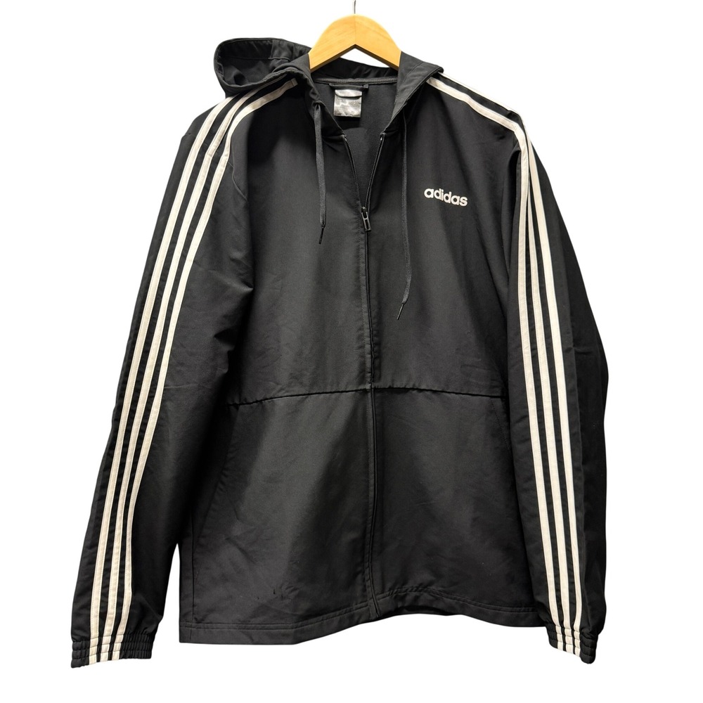 Adidas Windbreaker Mens M Essentials 3 Stripe Hooded Full Zip Black Activewear